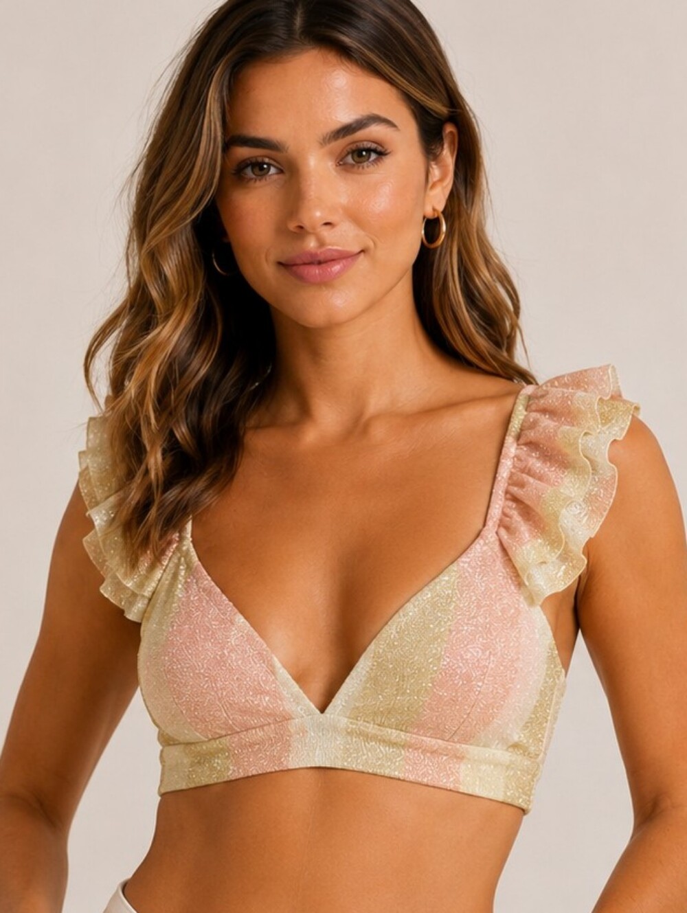 WET Metallic Stripe Ruffle Strap Bikini Top Gold Pink Green Size S NWT